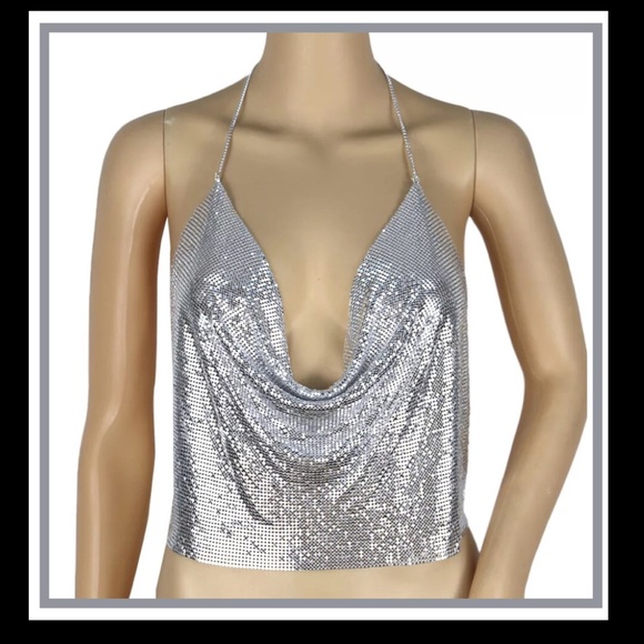 Silver Metal Rhinestone Backless Crop Top Rave NWT - Picture 3 of 9